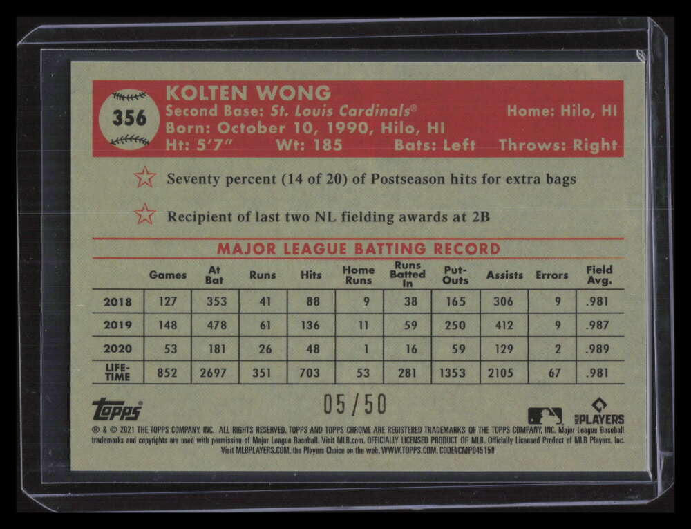 2021 Topps Chrome Platinum Gold and Rose 70th Refractor 356 Kolten Wong 5/50