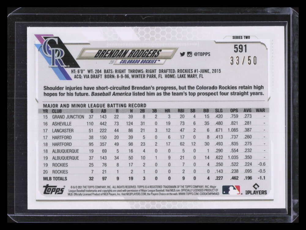 2021 Topps Mother's Day Pink 591 Brendan Rodgers 33/50