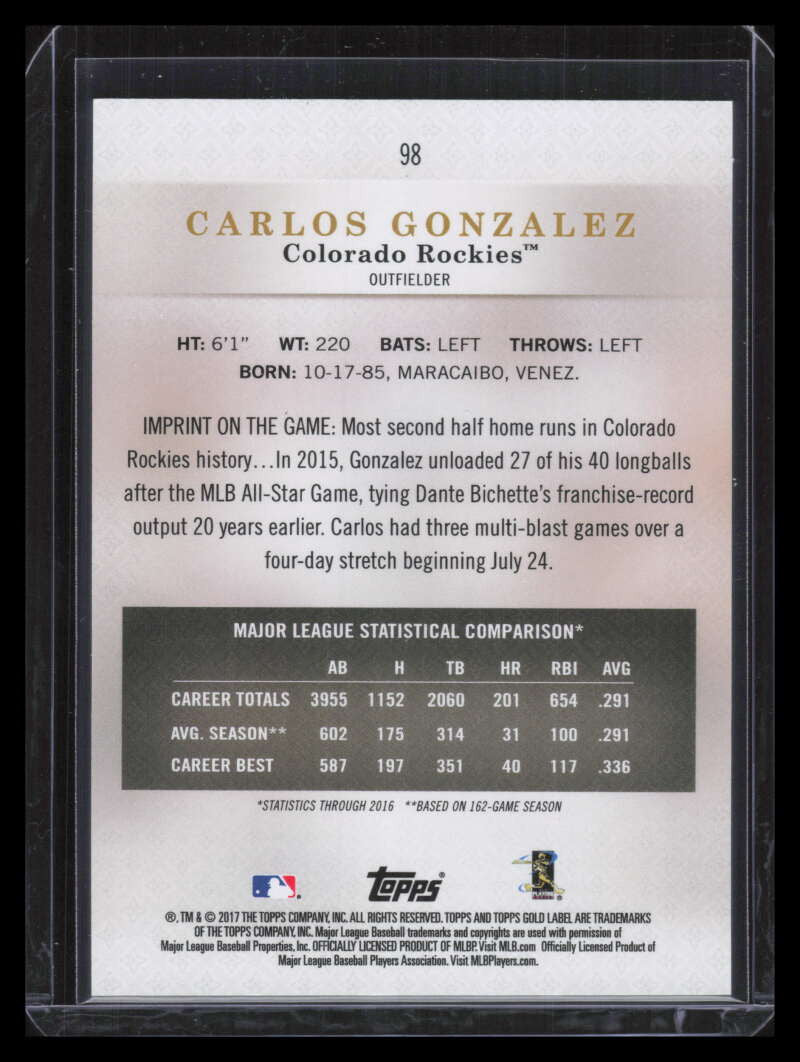 2017 Topps Gold Label Class 3 Red 98 Carlos Gonzalez 7/25