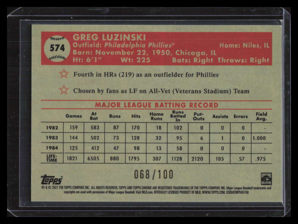 2021 Topps Chrome Platinum Red Atomic Refractor 574 Greg Luzinski 68/100