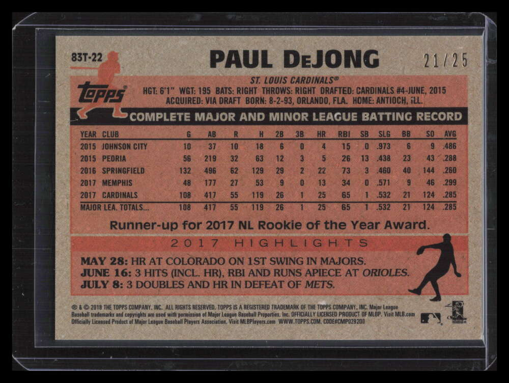 2018 Topps Chrome '83 Topps Orange Refractor 83t22 Paul DeJong 21/25