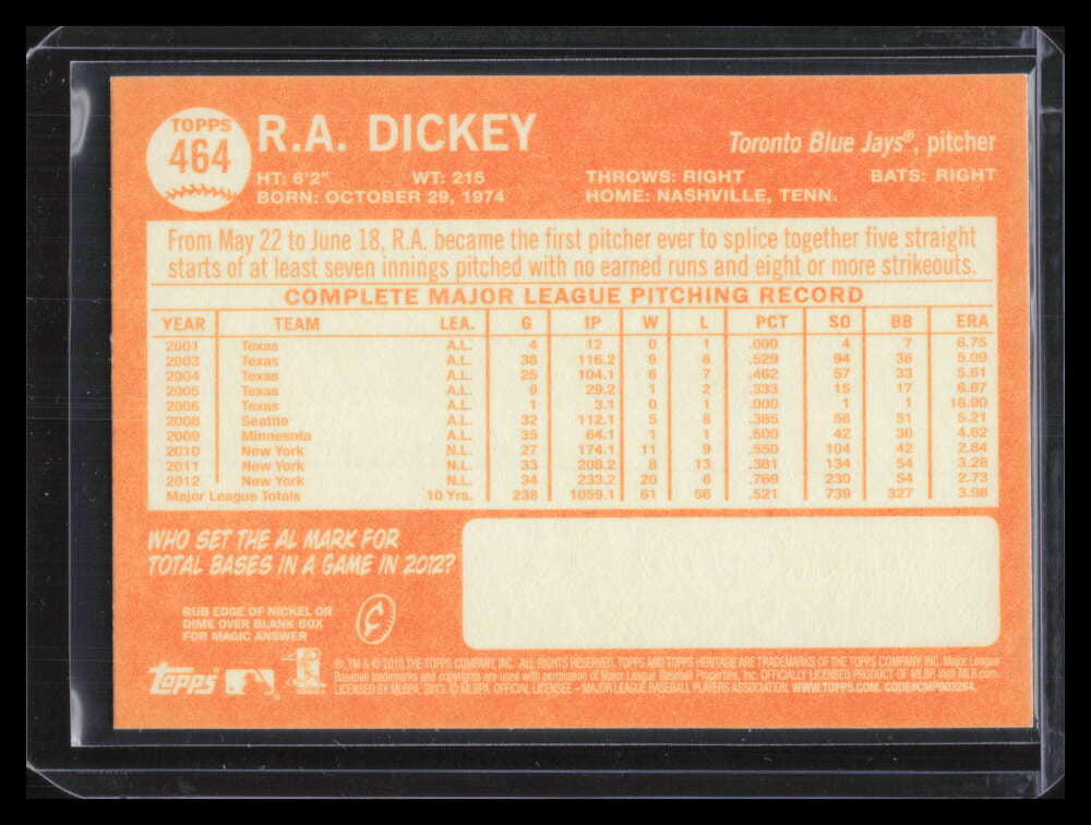 2013 Topps Heritage 464b R. A. Dickey Action Variation SP