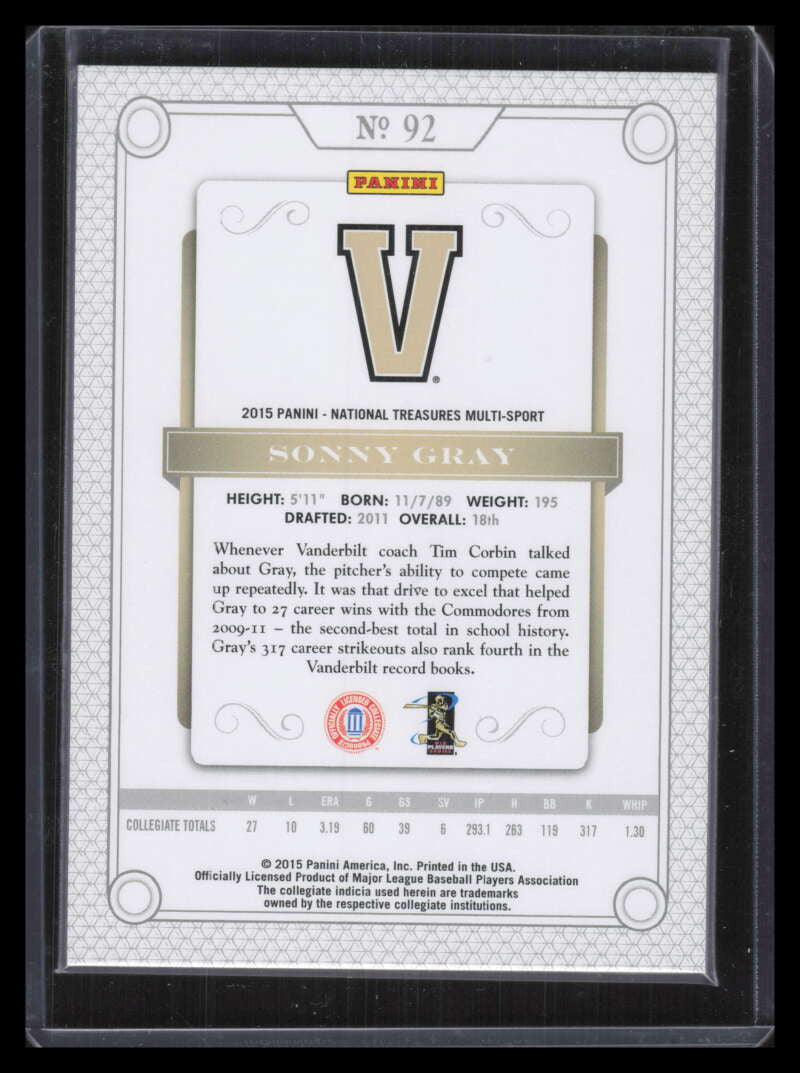 2015 Panini National Treasures Collegiate Multisport Black 92 Sonny Gray 1/5