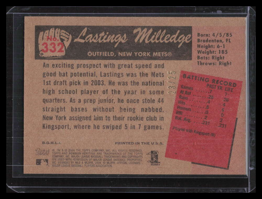 2004 Bowman Heritage Mahogany 332 Lastings Milledge FY Rookie 23/25