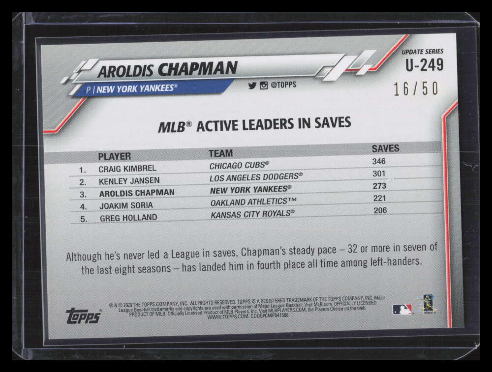 2020 Topps Update Father's Day Blue u249 Aroldis Chapman 16/50