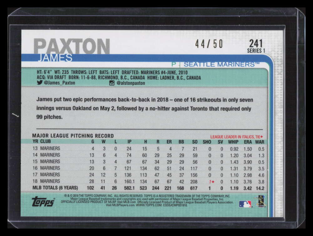 2019 Topps Mother's Day Pink 241 James Paxton 44/50
