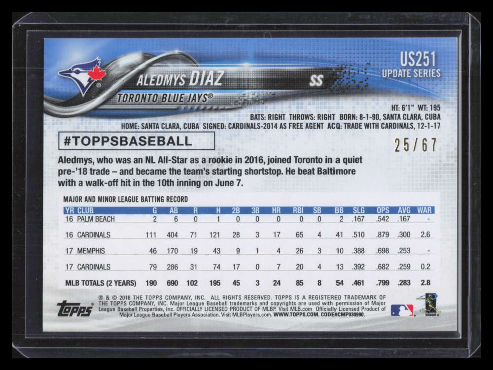 2018 Topps Update Black us251 Aledmys Diaz 25/67