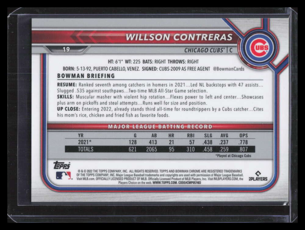 2022 Bowman Chrome Sapphire Yellow Refractor 19 Willson Contreras 6/50