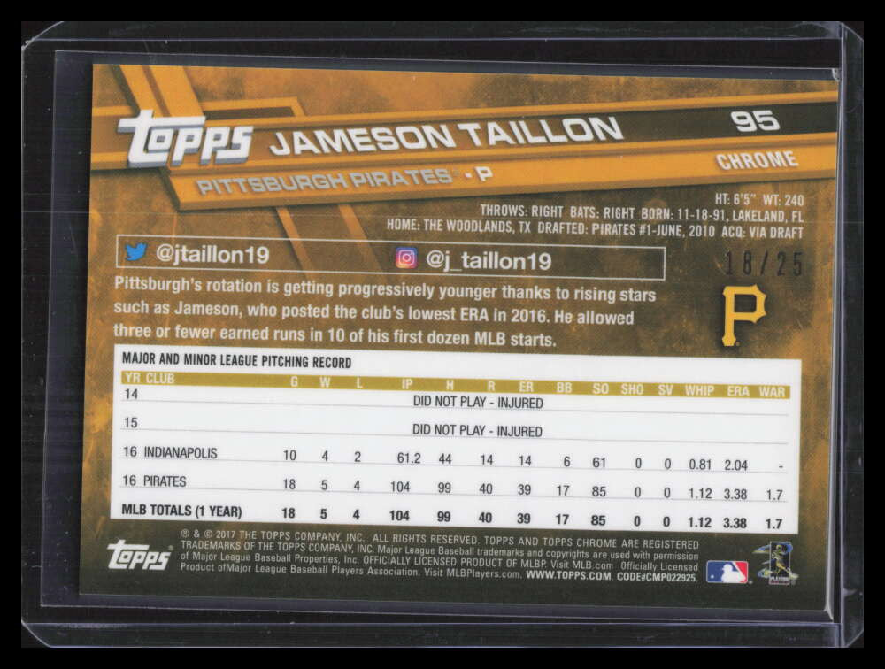 2017 Topps Chrome Orange Refractor 95 Jameson Taillon 18/25