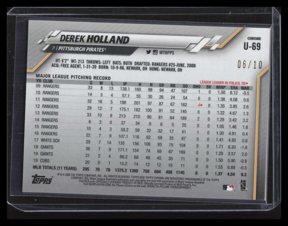 2020 Topps Chrome Update Sapphire Purple Refractor u69 Derek Holland 6/10