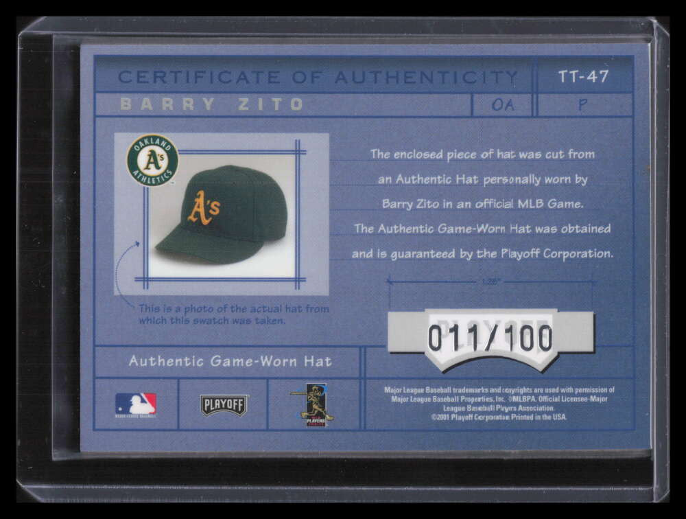 2001 Absolute Memorabilia Tools of the Trade tt47 Barry Zito Hat 11/100