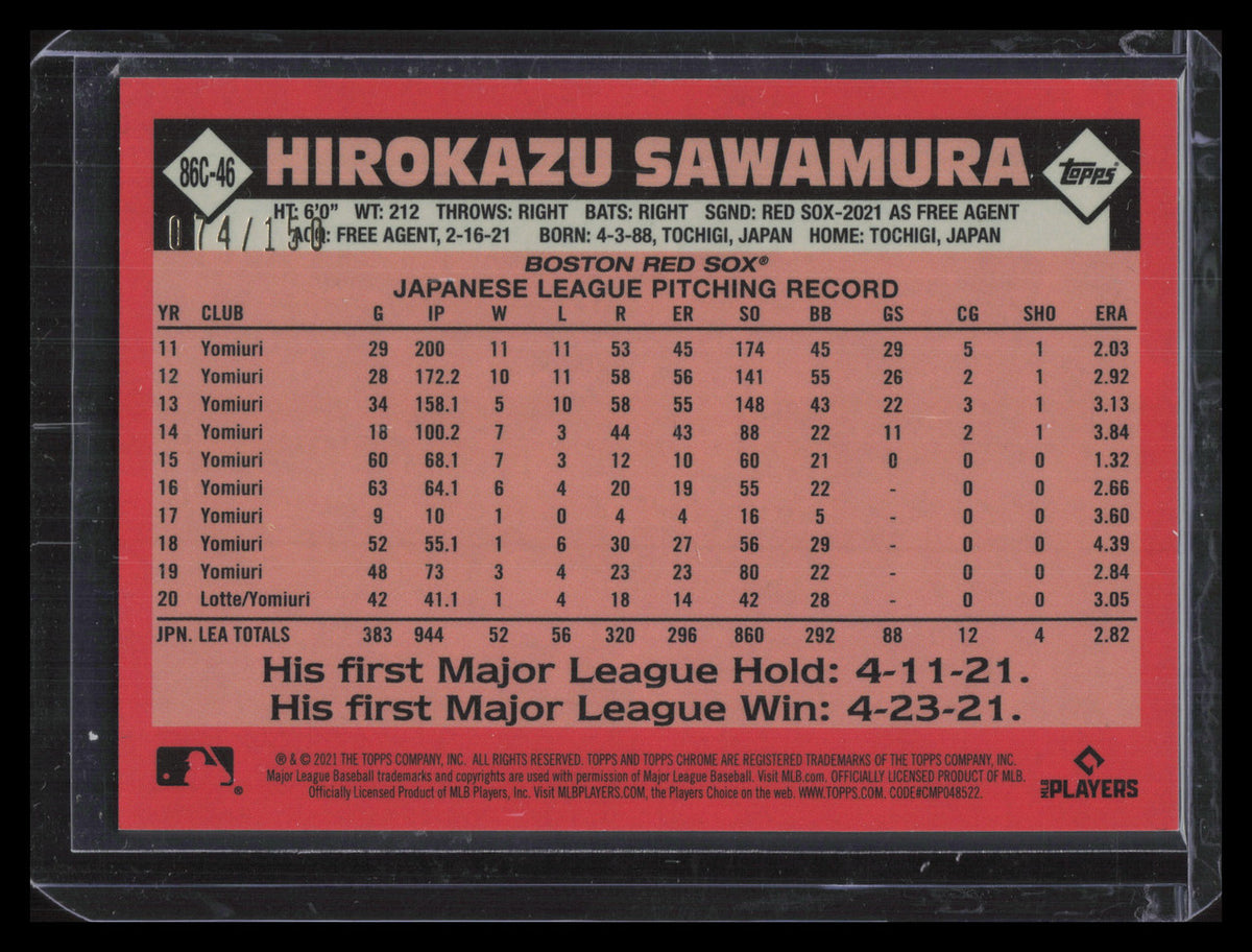 2021 Topps '86 Silver Pack Chrome Blue Refractor Hirozaku Sawamura Rookie 74/150