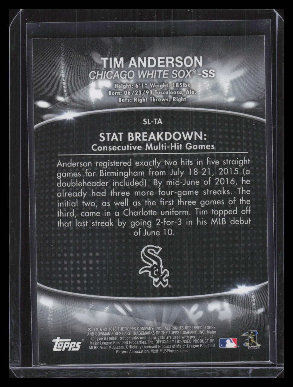 2016 Bowman's Best Stat Lines Atomic Refractor SLTA Tim Anderson Rookie