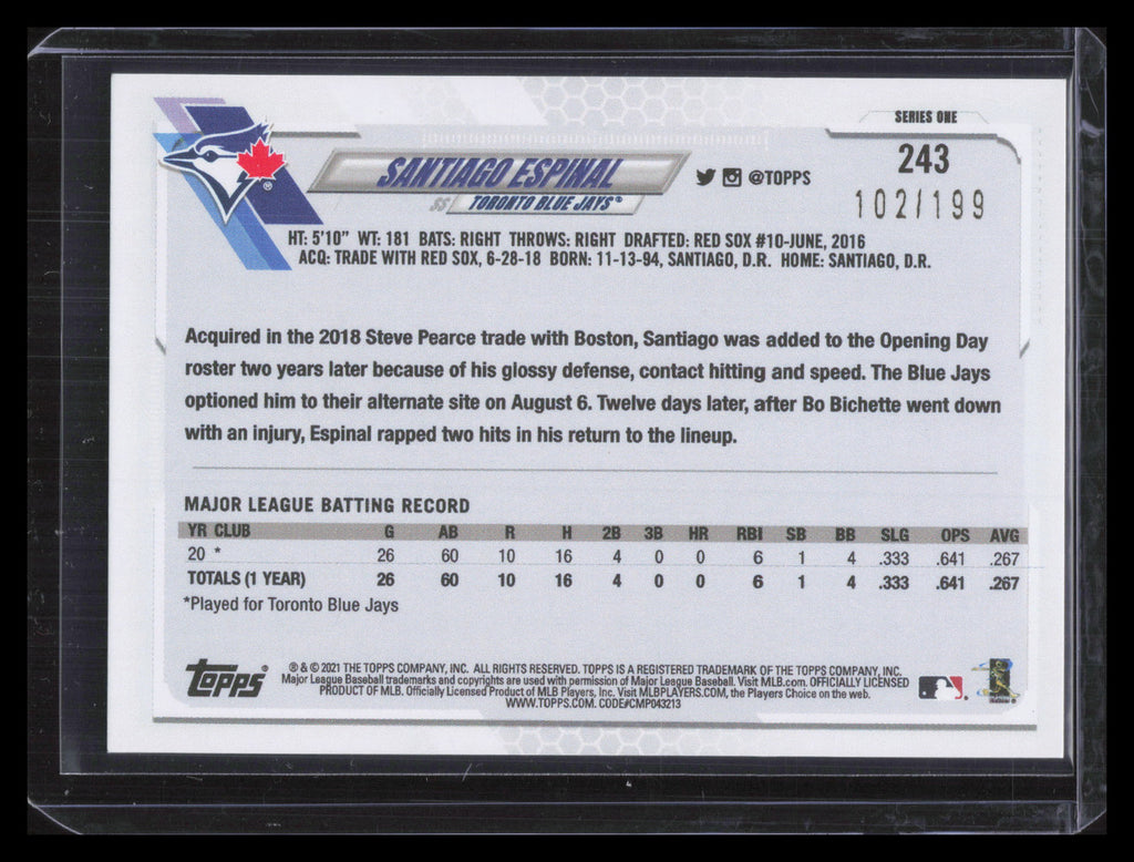 2021 Topps Red Foil 243 Santiago Espinal Rookie 102/199