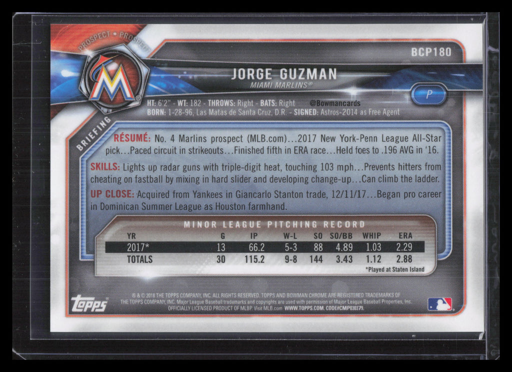 2018 Bowman Chrome Orange Shimmer Refractor bcp180 Jorge Guzman Rookie 5/25