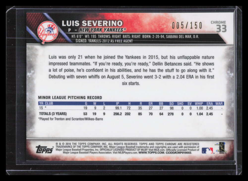 SOLD 129587 2016 Topps Chrome Blue Refractor 33 Luis Severino Rookie 5/150