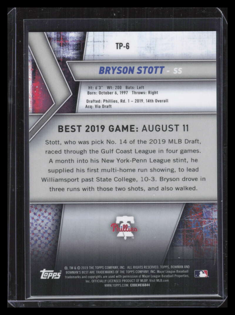 2019 Bowman's Best Prospects Purple Refractor tp6 Bryson Stott Rookie 161/250