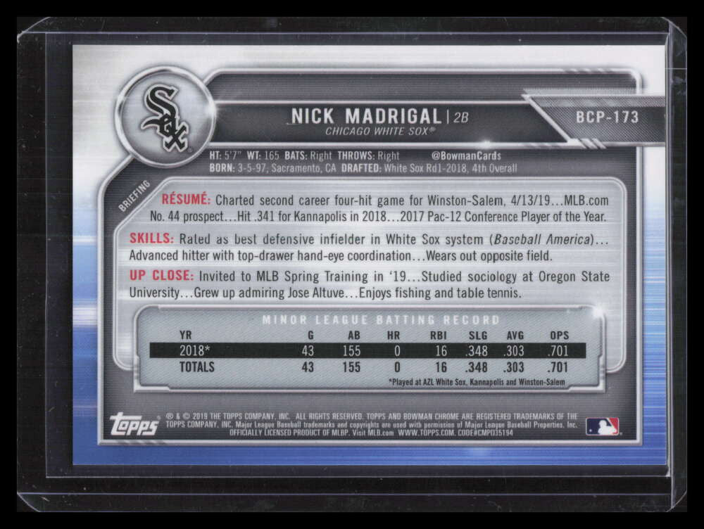 2019 Bowman Chrome Gold Shimmer Refractor bcp173 Nick Madrigal Rookie 4/50