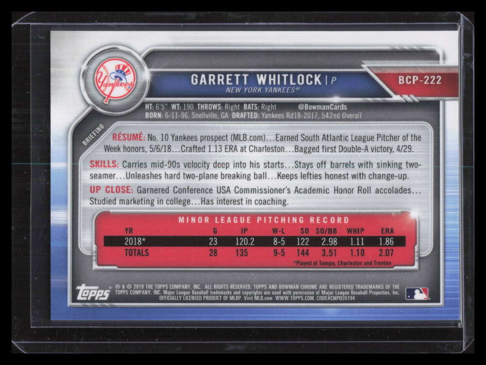 2019 Bowman Chrome Prospect Green Refractor bcp222 Garrett Whitlock Rookie 27/99