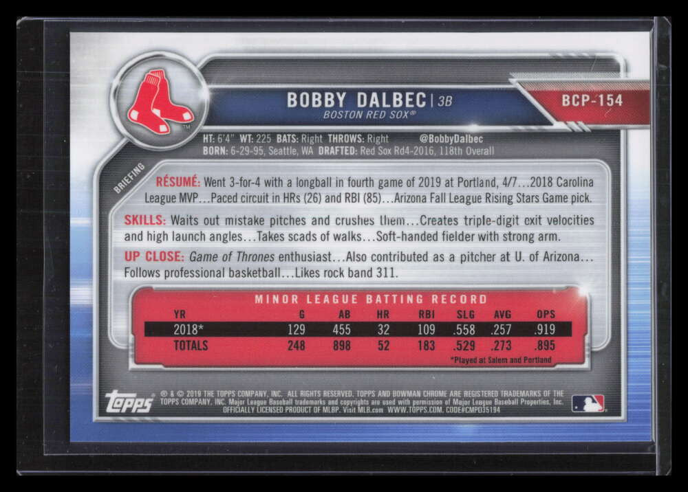 2019 Bowman Chrome Orange Shimmer Refractor bcp154 Bobby Dalbec Rookie 22/25