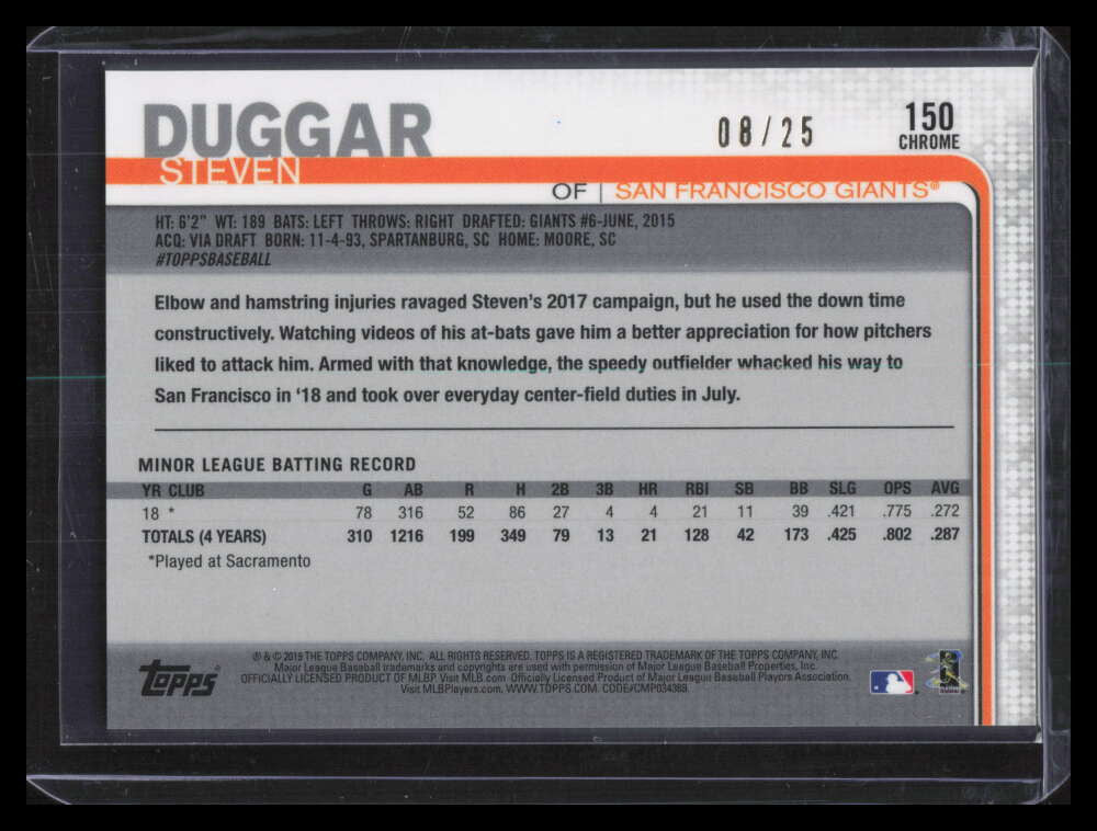 2019 Topps Chrome Orange Refractor 150 Steven Duggar Rookie 8/25