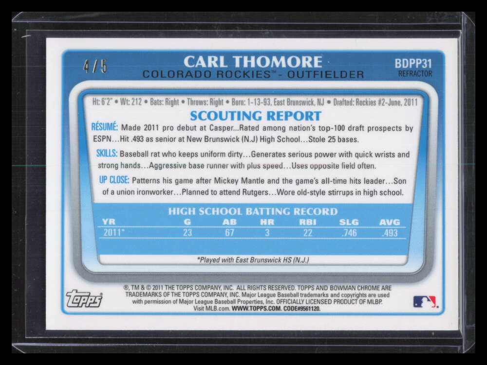 2011 Bowman Chrome Draft Prospects Red Refractor bdpp31 Carl Thomore Rookie 4/5