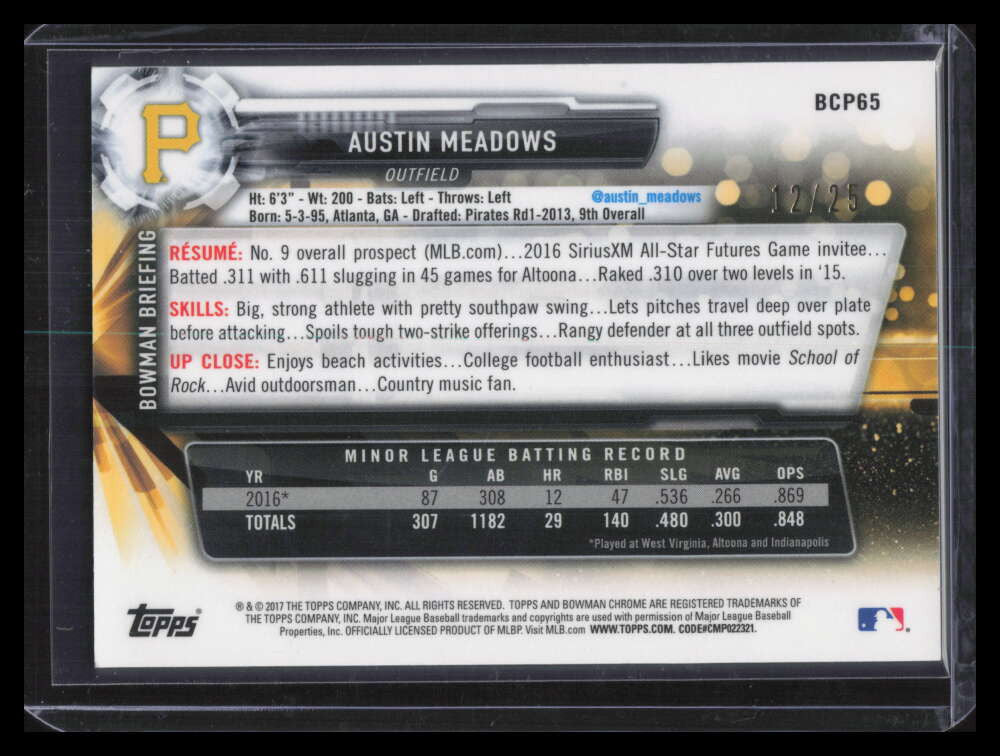 2017 Bowman Chrome Orange Shimmer Refractor bcp65 Austin Meadows Rookie 12/25