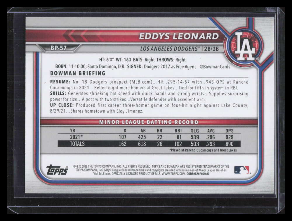 2022 Bowman Prospects Gold bp57 Eddys Leonard Rookie 14/50