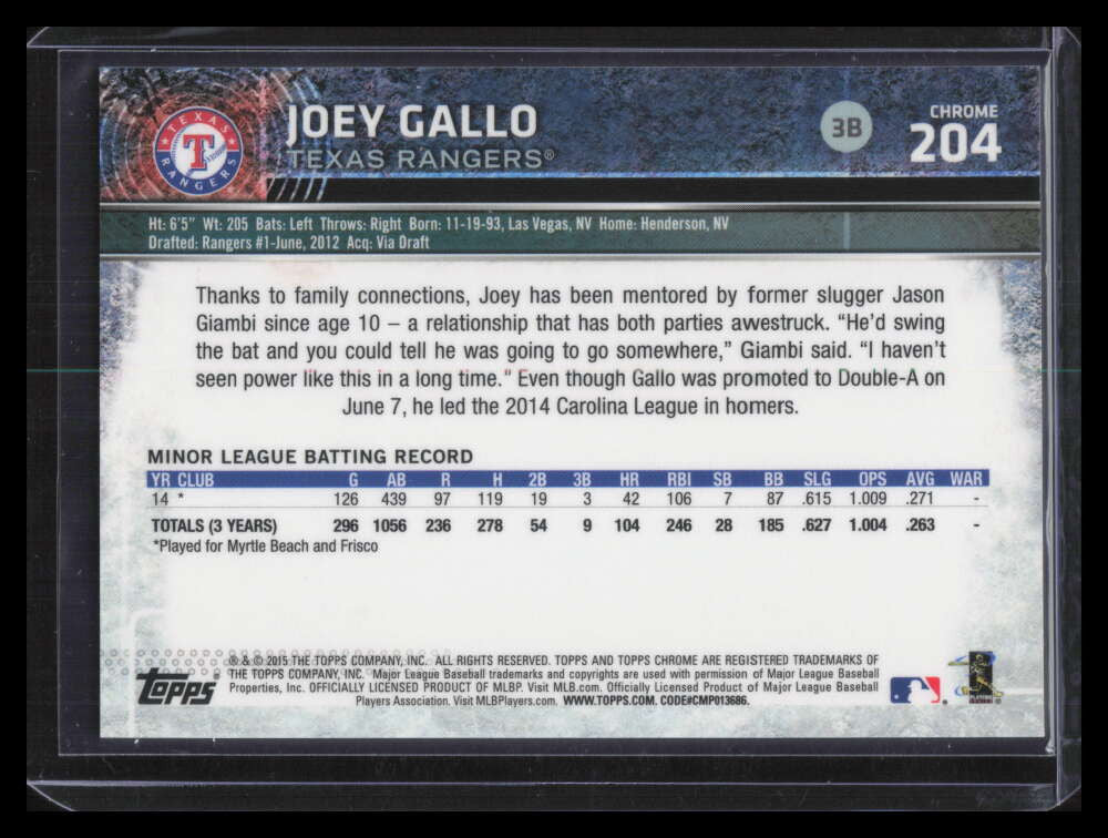 2015 Topps Chrome 204 Joey Gallo Rookie SP F00300