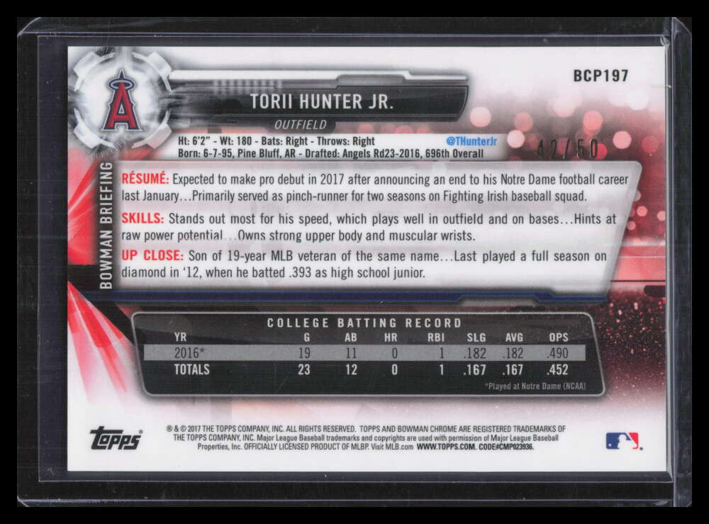 2017 Bowman Chrome Prospects Gold Refractor bcp197 Torii Hunter Jr. Rookie 42/50