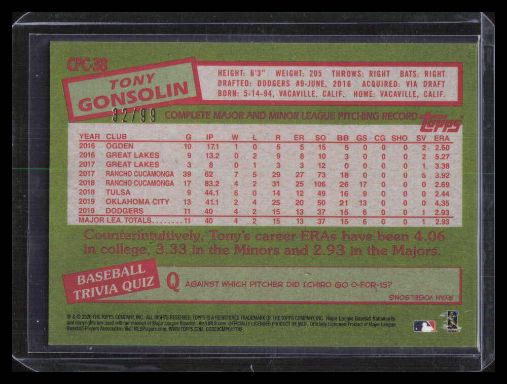 2020 Topps '85 Silver Pack Chrome Green Refractor Tony Gonsolin Rookie 32/99