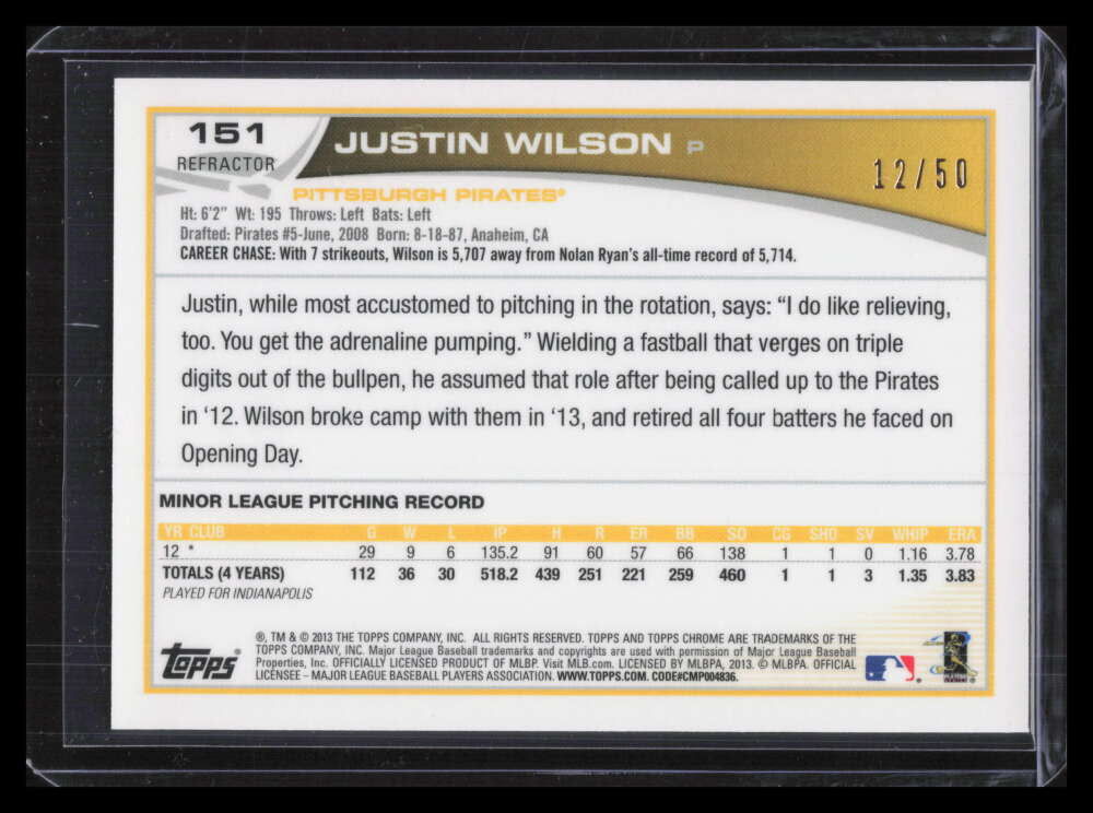 2013 Topps Chrome Gold Refractor 151 Justin Wilson Rookie 12/50