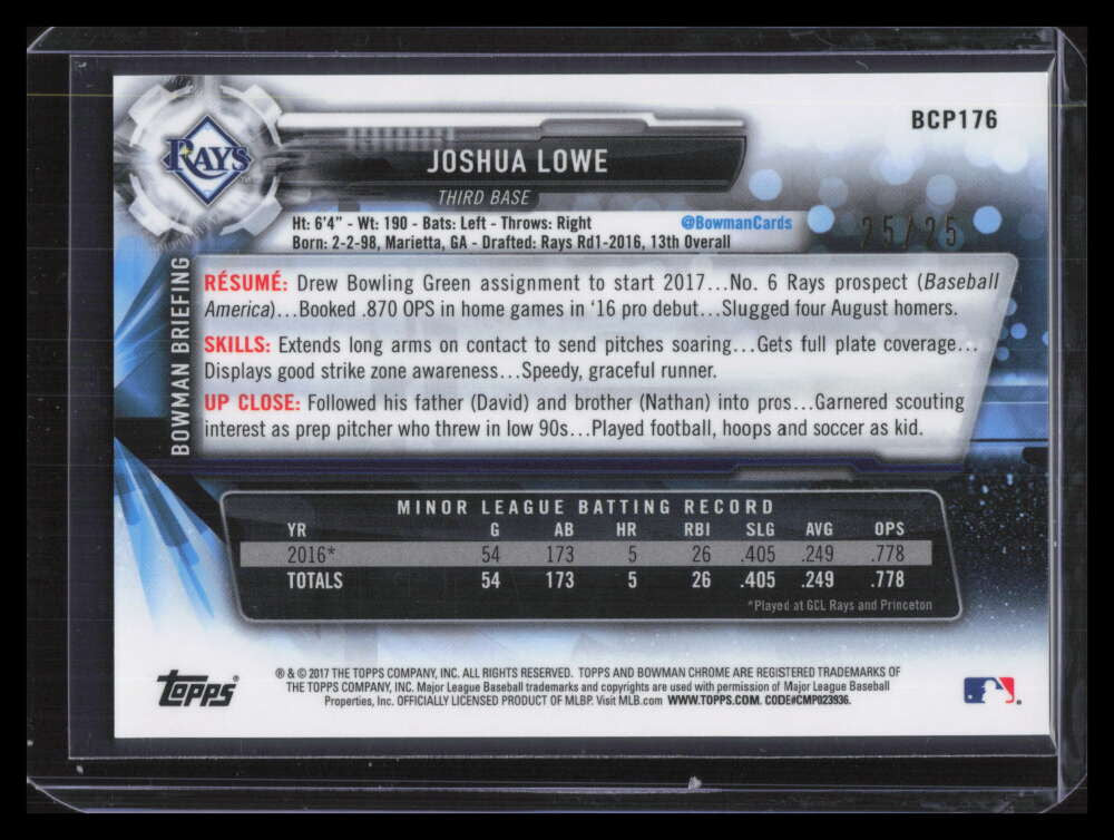 2017 Bowman Chrome Orange Shimmer Refractor bcp176 Joshua Lowe Rookie 25/25