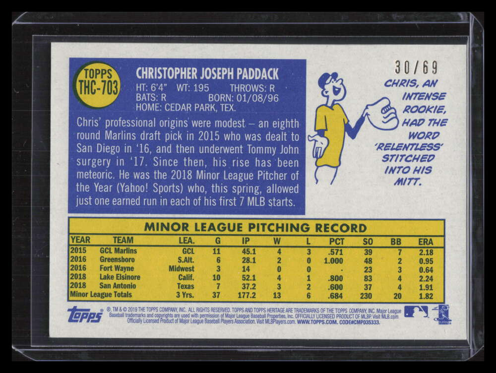 2019 Topps Heritage Chrome Black Refractor thc703 Chris Paddack Rookie 30/69