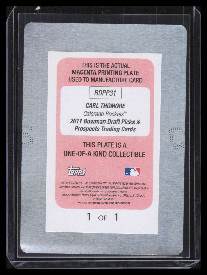 2011 Bowman Draft Prospects Printing Plate Magenta Carl Thomore Rookie 1/1