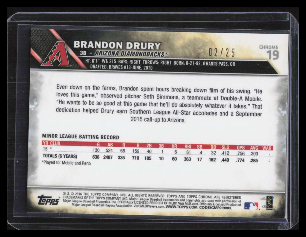 2016 Topps Chrome Orange Refractor 19 Brandon Drury Rookie 2/25