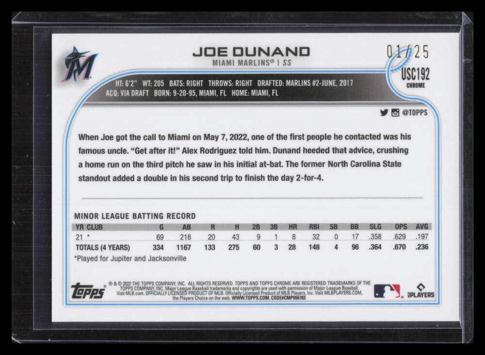 2022 Topps Chrome Update Red Refractor usc192 Joe Dunand Rookie 1/25