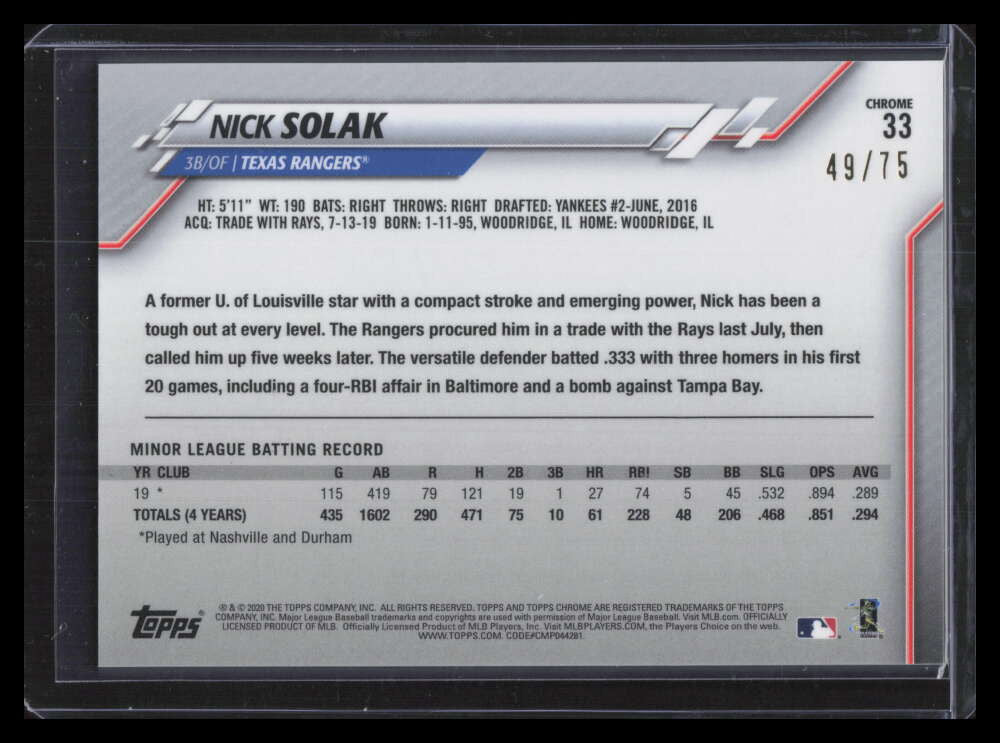 2020 Topps Chrome Ben Baller Blue Refractor 33 Nick Solak Rookie 49/75