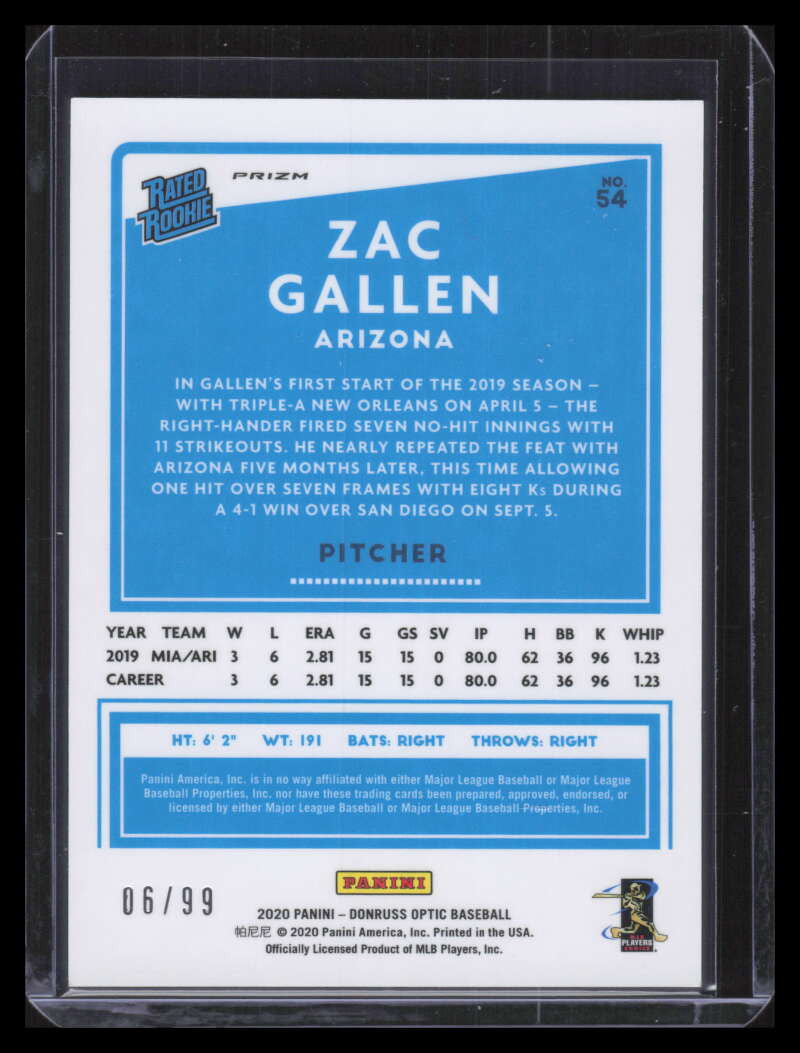 2020 Donruss Optic Pandora 54 Zac Gallen RR Rated Rookie 6/99