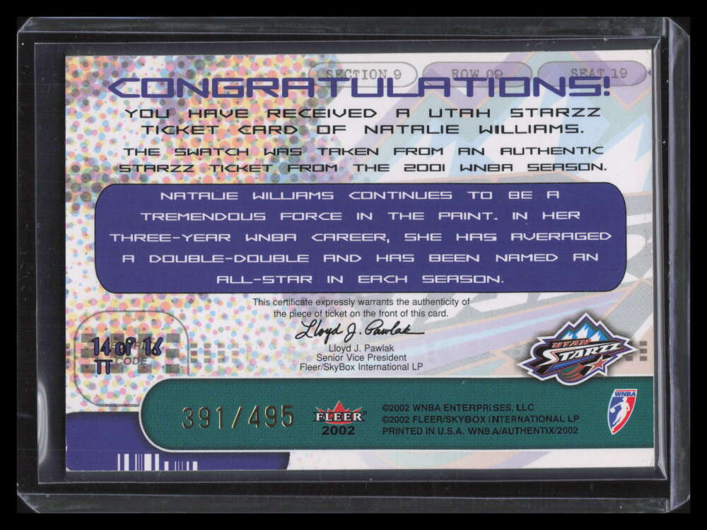 2002 Fleer Authentix WNBA The Ticket 14 Natalie Williams 391/495