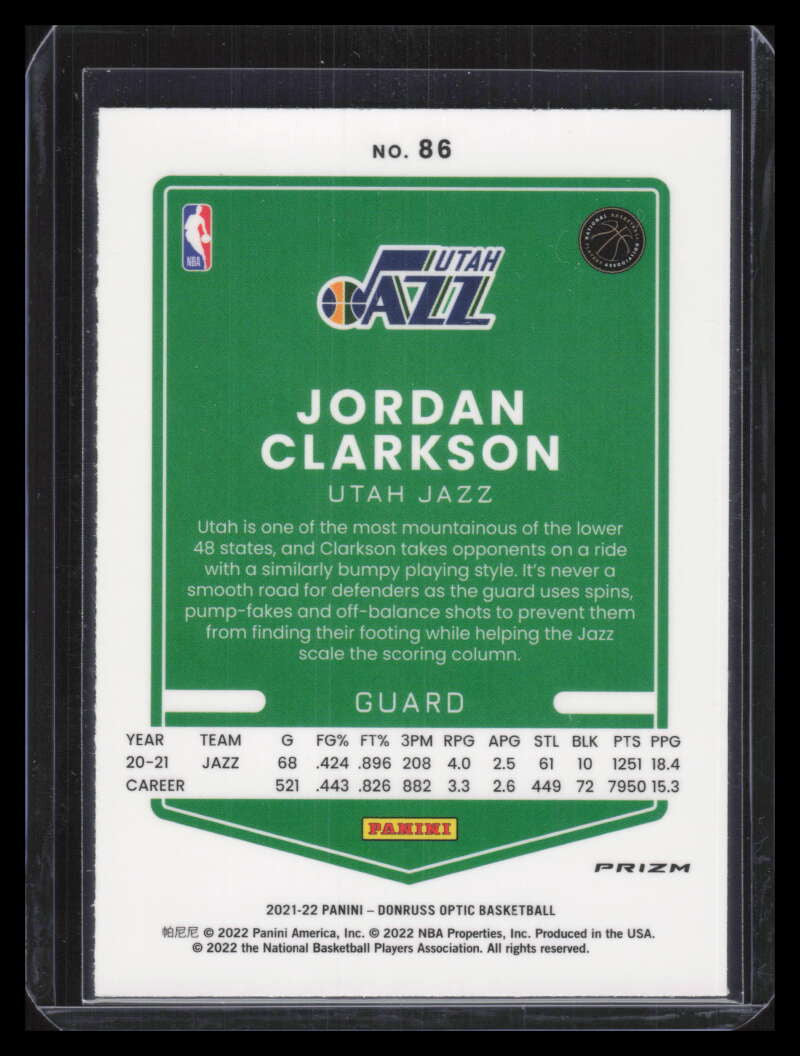 2021-22 Donruss Optic Choice Dragon Refractor 86 Jordan Clarkson