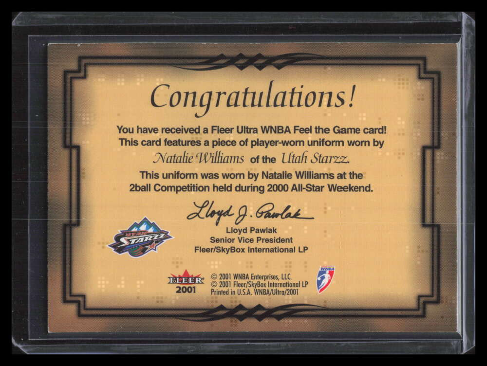 2001 Ultra WNBA Feel the Game 6 Natalie Williams Uniform Jersey Patch