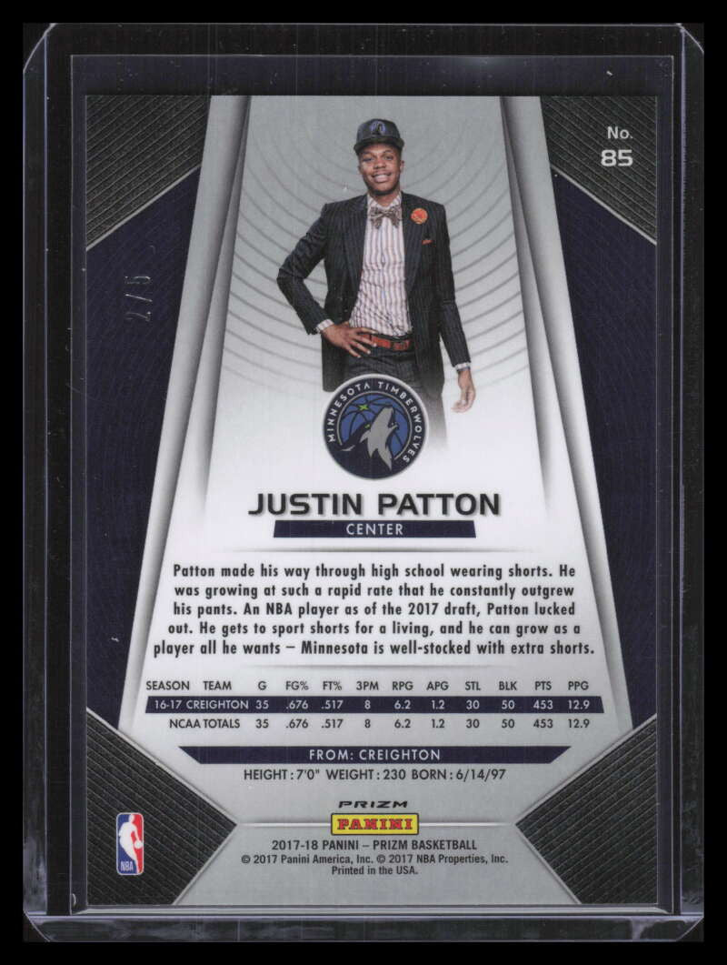 2017-18 Panini Prizm Prizms Fast Break Neon Green 85 Justin Patton Rookie 2/5