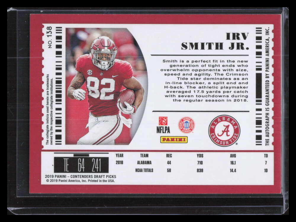 2019 Panini Contenders Draft Picks Cracked Ice 138b Irv Smith Rookie Auto 4/23