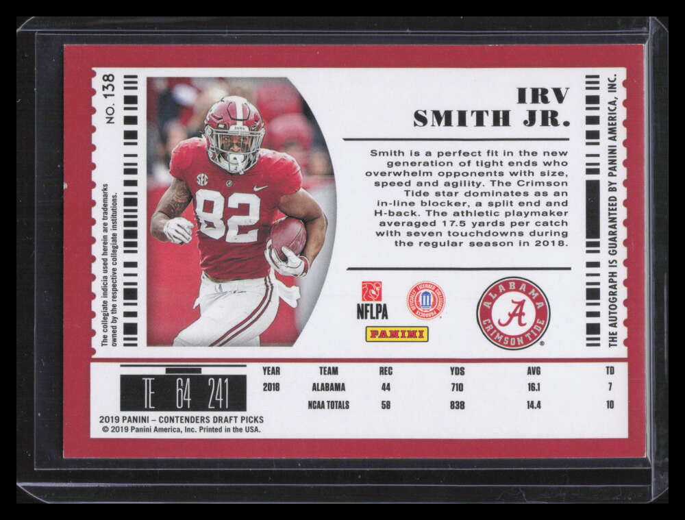2019 Panini Contenders Draft Building Blocks 138b Irv Smith Jr. Rookie Auto 7/10
