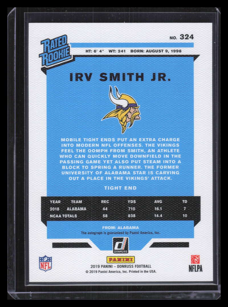 2019 Donruss Rated Rookies Autographs Canvas 324 Irv Smith Jr. Rookie Auto 8/10