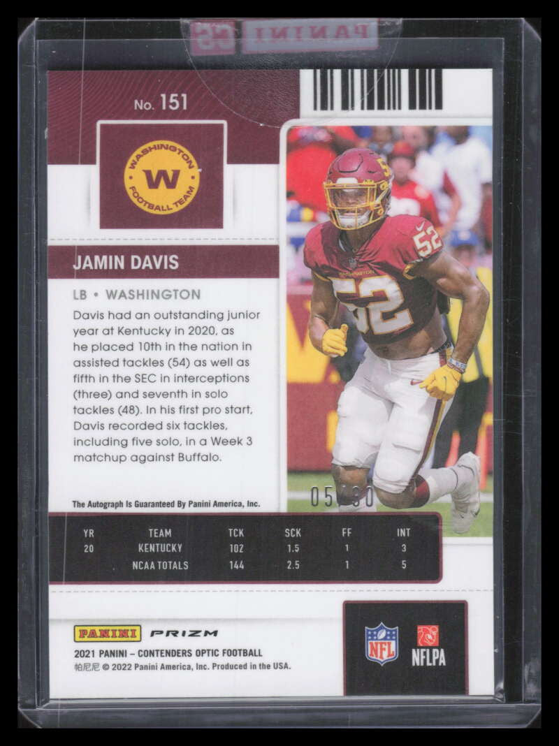 2021 Panini Contenders Optic Green Pulsar 151 Jamin Davis Rookie Auto 5/30