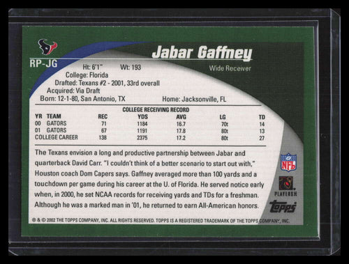 2002 Topps Rookie Premier Autographs RPJG Jabar Gaffney Rookie Auto