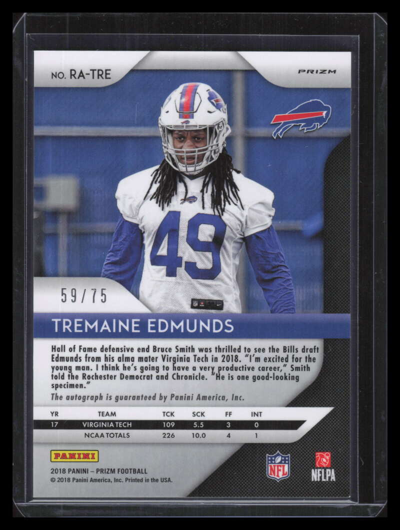 2018 Panini Prizm Autographs Green Crystals Tremaine Edmunds Rookie Auto 59/75