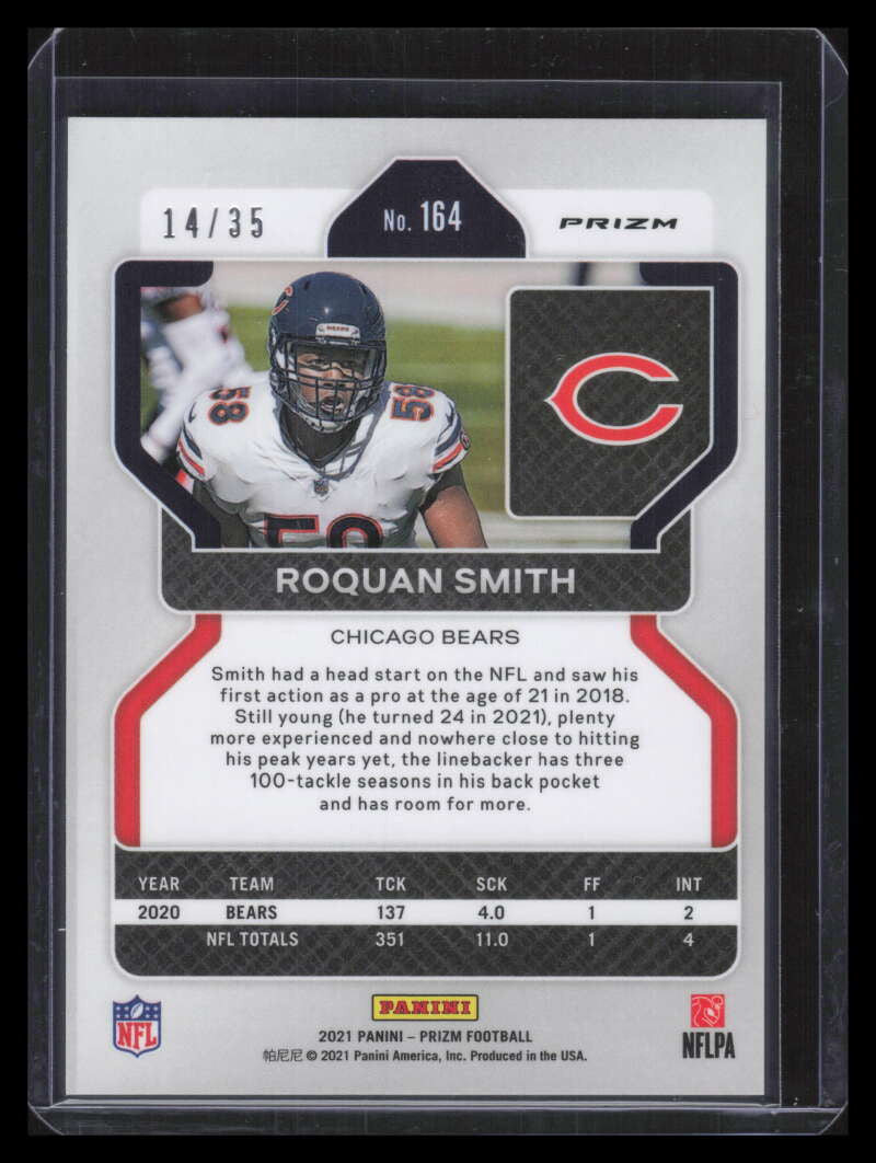2021 Panini Prizm Prizms No Huddle Purple Refractor 164 Roquan Smith 14/35